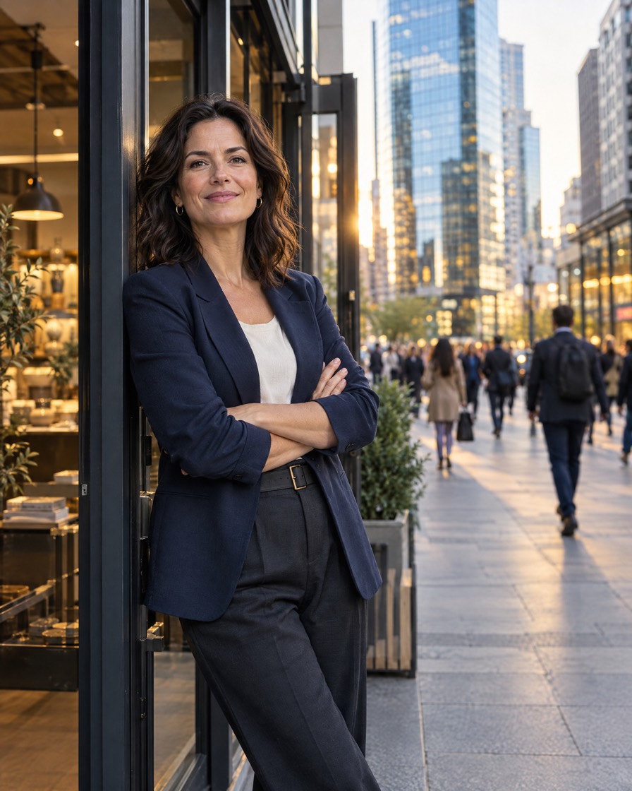 A shop owner standing in her doorway at golden hour, a busy business district behind her