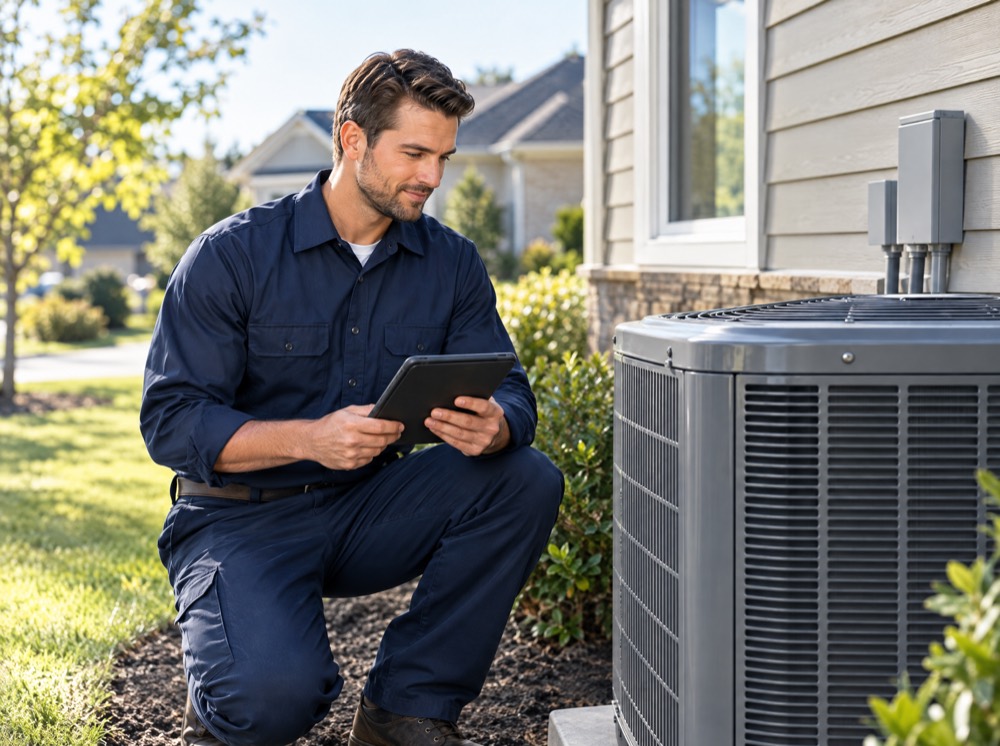 An HVAC technician checking a heat pump beside a home, tablet in hand